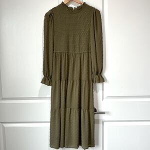 Anthropologie By The River Dot Swiss Smocked Tiered Midi Dress Olive Gre…